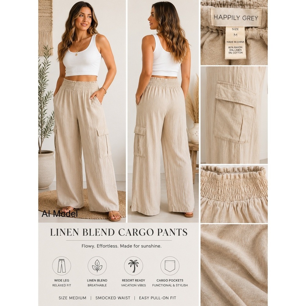 Linen Blend Cargo Pants Womens Medium Wide Leg Boho Coastal‎ Flowy Beige